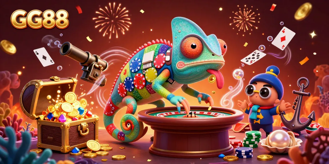 Experience the excitement of GG88 with a vibrant, dynamic casino scene featuring a chameleon casino owner and game elements.