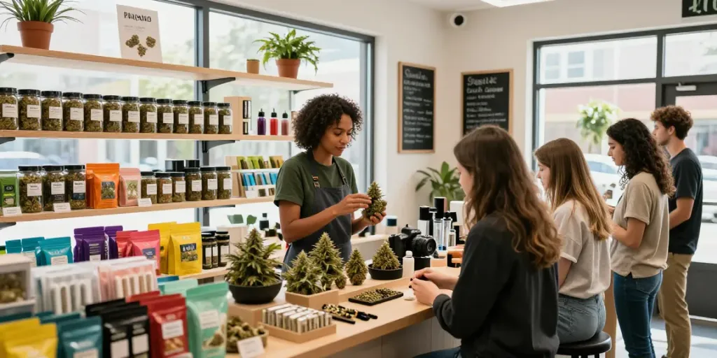 Shop scene to buy indica sativa hybrid strains with vibrant displays and friendly budtender assisting customers.