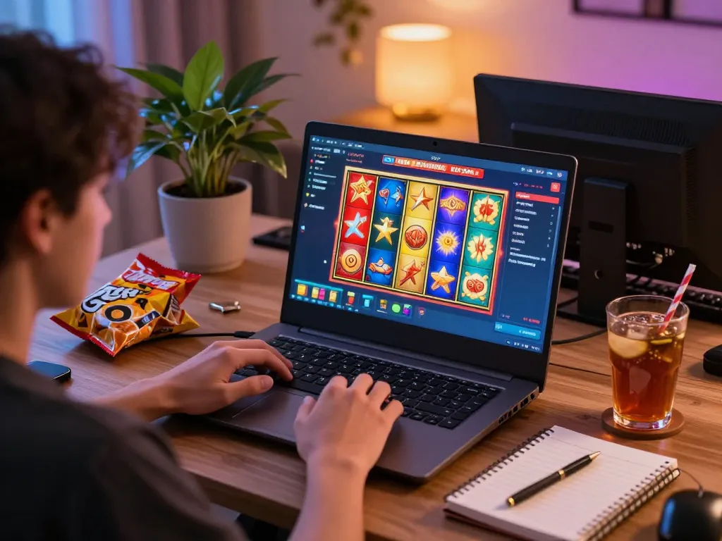 Watch as a player engages in slot gaco gaming on a laptop in a cozy home environment.