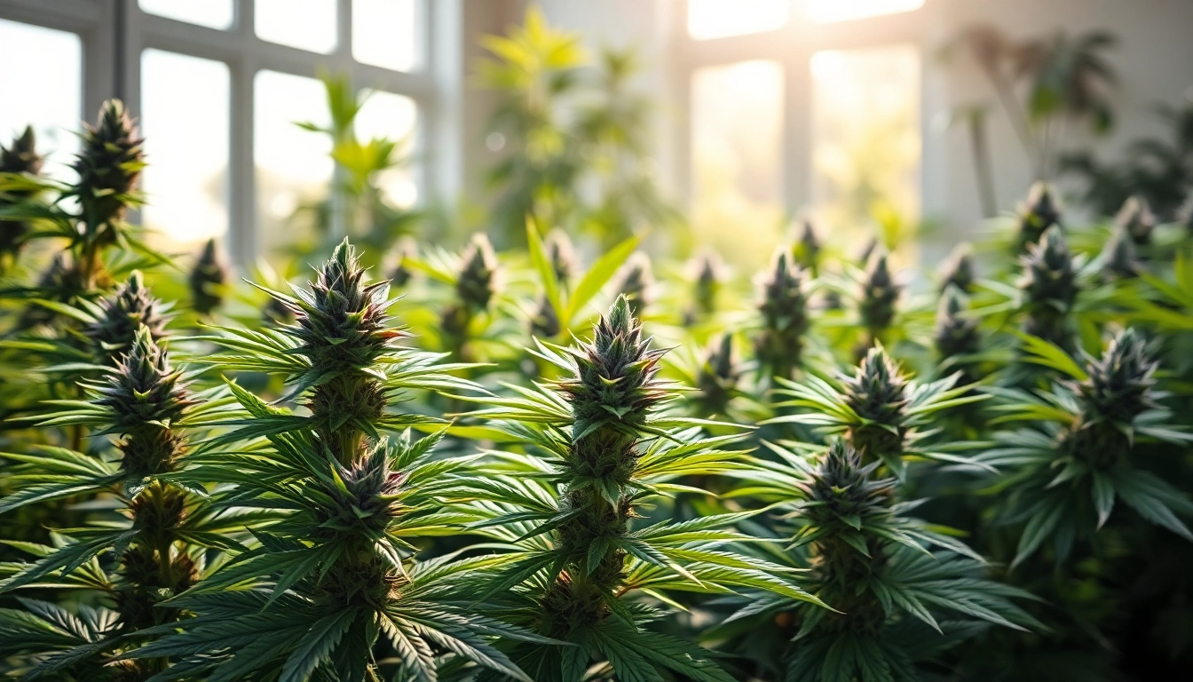 Buy cannabis UK with beautiful cannabis plants in a vibrant indoor garden setting.