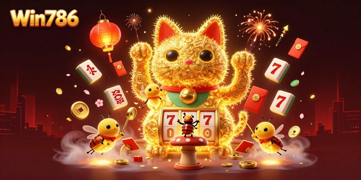 Win786 offers a vibrant casino experience with a lucky cat and dynamic slot game elements in a colorful 3D illustration.