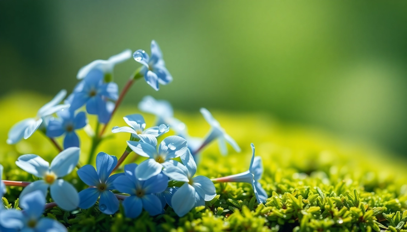 Bluetenbande flowers creating a serene atmosphere with dewdrops on petals.