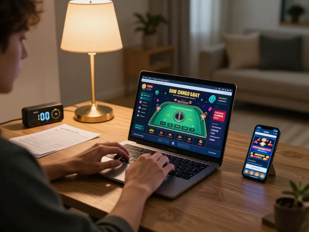 Engaging online casino gaming scene showcasing fly88 on a laptop and smart devices, emphasizing strategic gambling.
