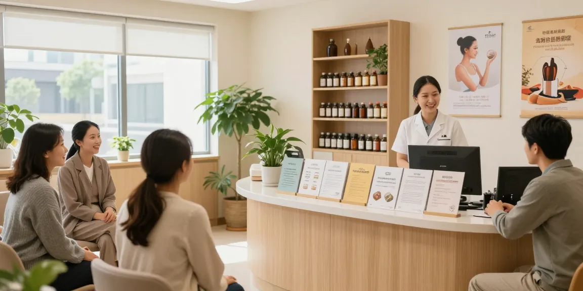 A welcoming scene at 수원한의원 with patients interacting in a cozy reception area focused on holistic health.