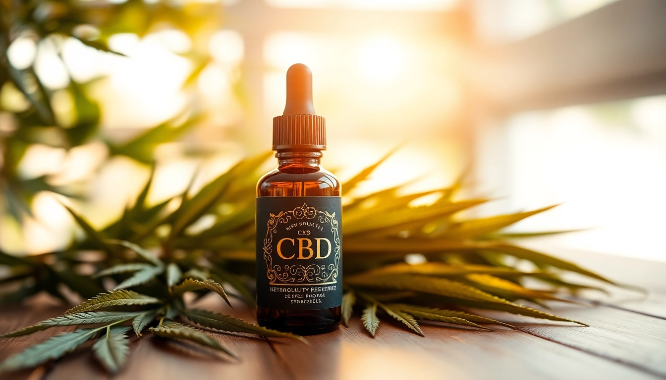 Showcasing CBD Oil in a tranquil setting with hemp leaves and warm lighting for relaxation.