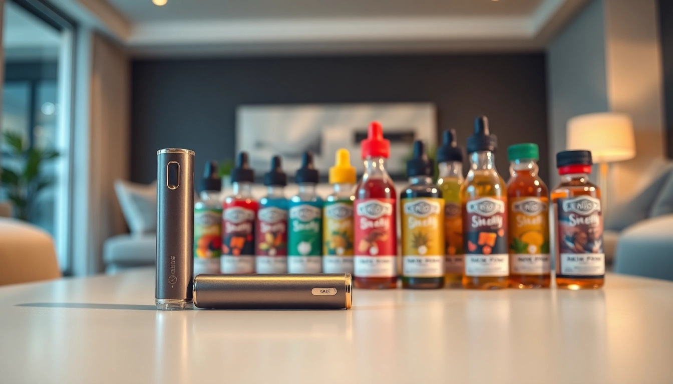 Showcasing Vape & E-Liquids with a sleek vape device and colorful e-liquid bottles