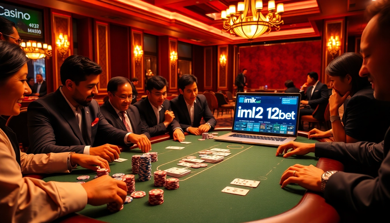 Engaging scene showcasing players at a poker table, highlighting ink vao 12bet with vibrant casino elements.
