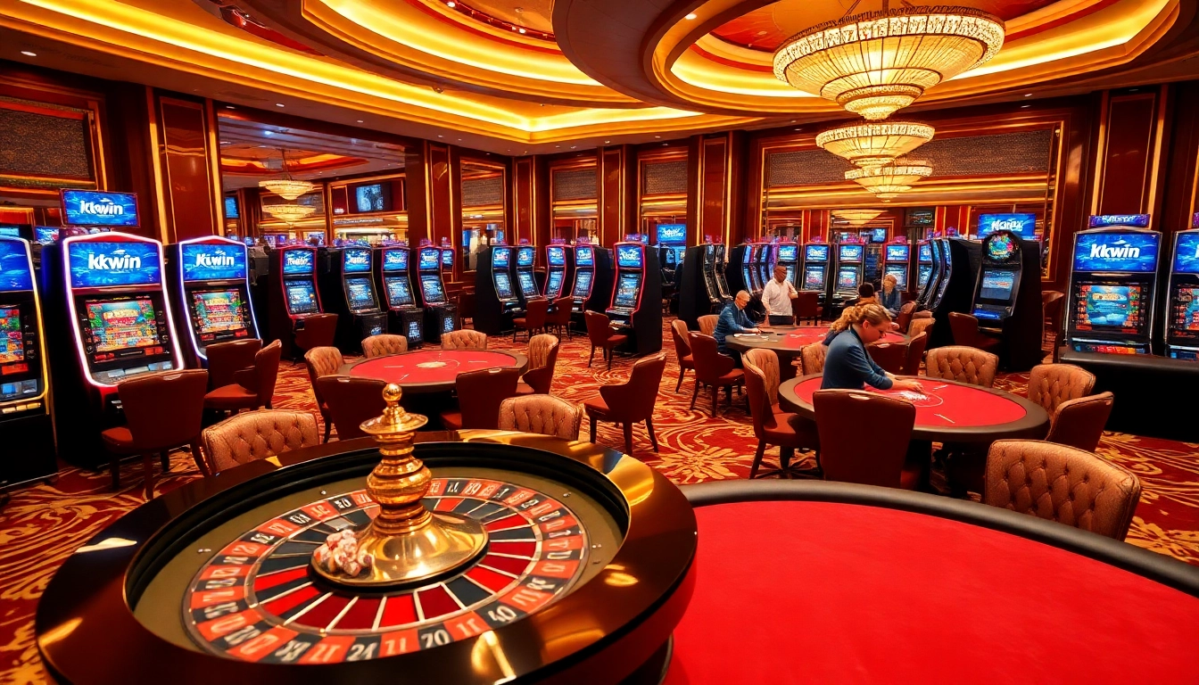 Experience the excitement of kkwin đăng nhập at a glamorous casino with poker and roulette tables.