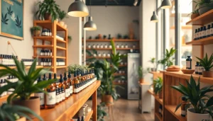 Shop showcasing varied CBD products in Madrid offering a welcoming atmosphere.