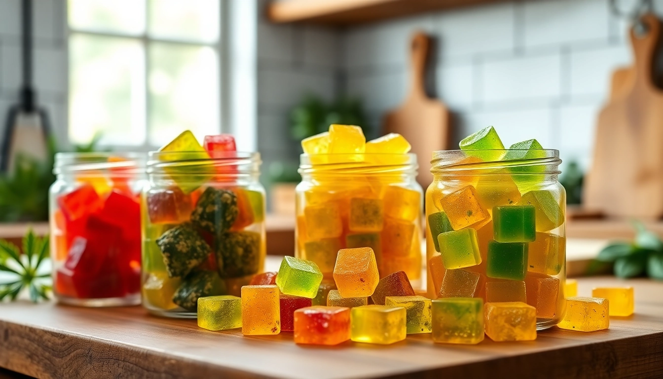 Feature colorful Weed Gummies in artistic display showcasing their vibrant textures.