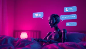 Engaging interface of a sex AI chat showcasing a seductive AI character in a cozy digital environment.