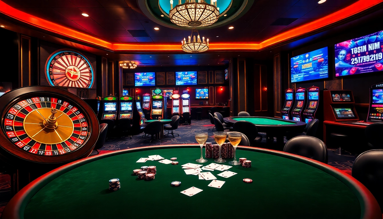 Engaging casino scene highlighting 168vn betting tables, poker chips, and roulette wheels.