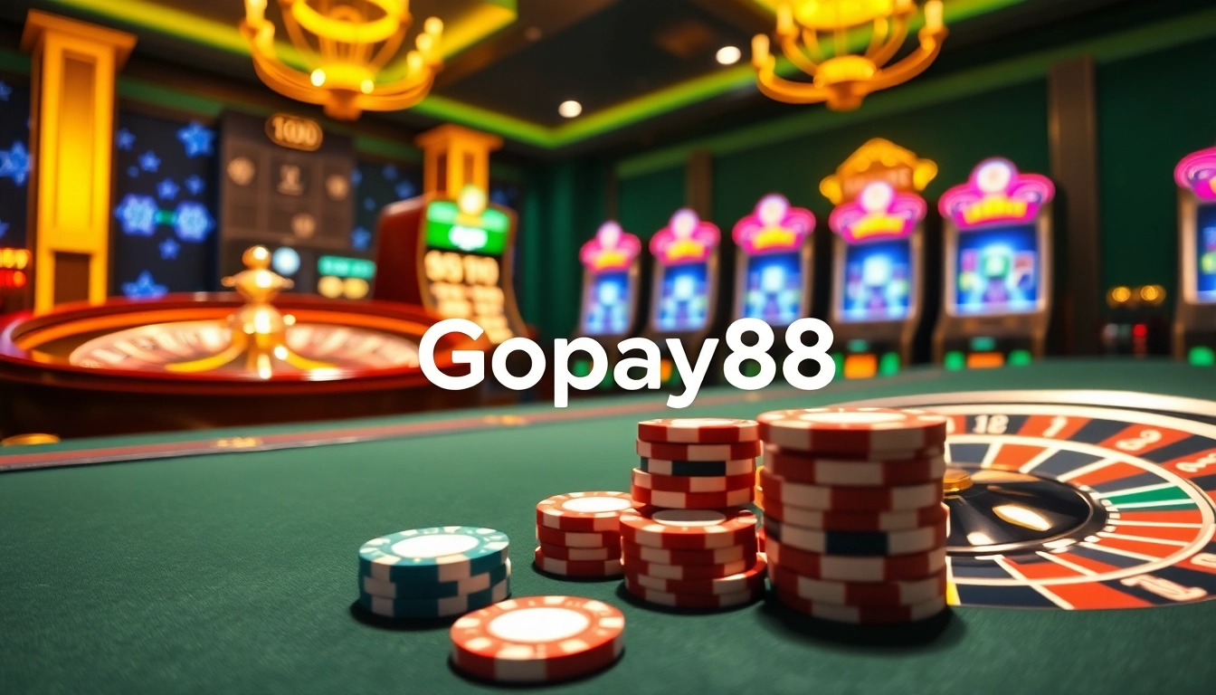 Experience excitement at Gopay88 with a luxurious casino atmosphere featuring vibrant gaming elements.