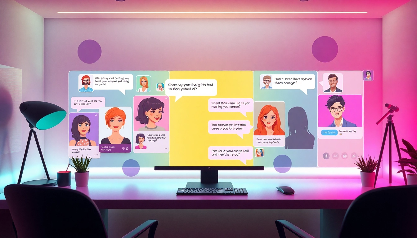 AI sex chat interface featuring engaging avatars and a futuristic workspace.