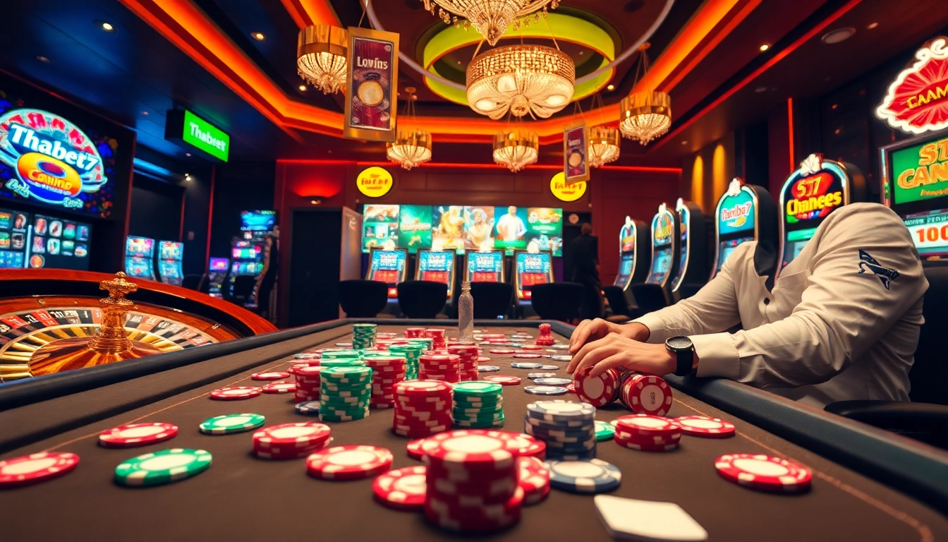 Thabet77 players immersed in a vibrant casino atmosphere with poker chips and slot machines.