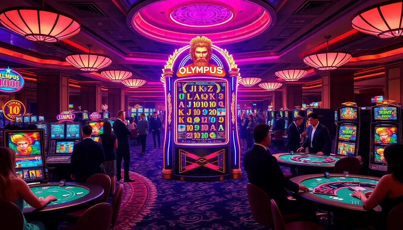 Players enjoying thrilling gameplay at the Olympus 1000 slot machine in a vibrant casino.