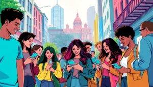 Discover local OnlyFans creators with this vibrant urban scene showcasing diverse individuals socializing and engaging in a city backdrop.