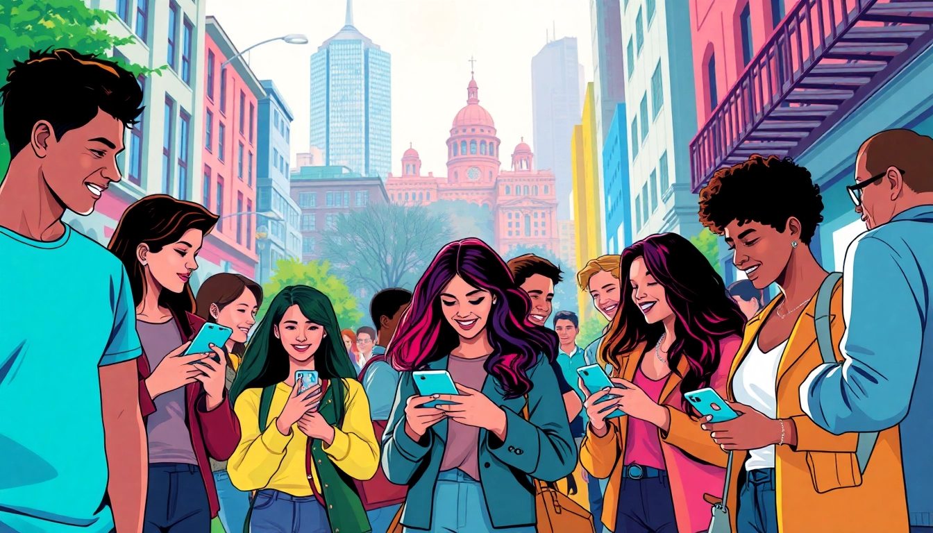 Discover local OnlyFans creators with this vibrant urban scene showcasing diverse individuals socializing and engaging in a city backdrop.