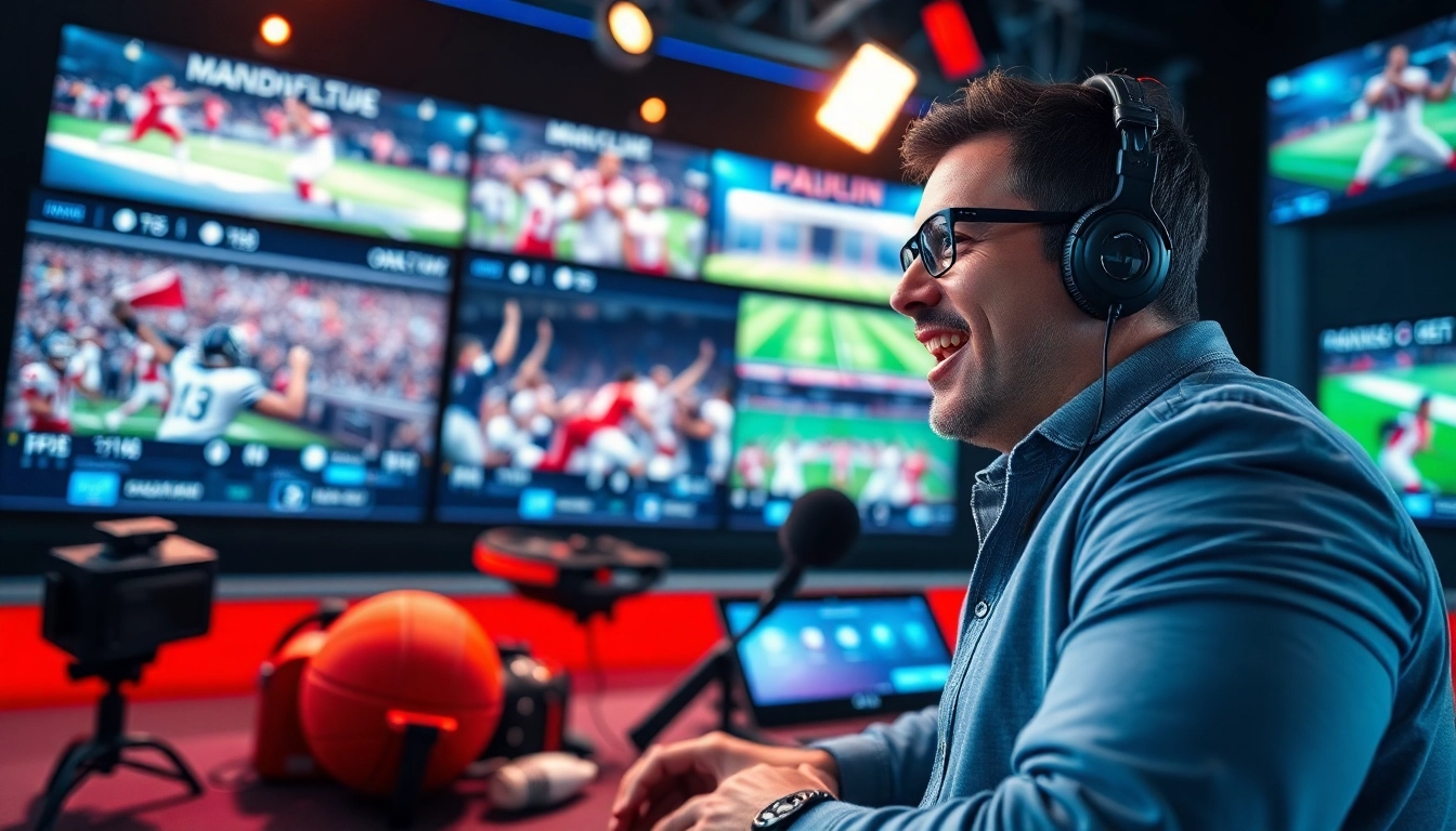 Engaging sports broadcasting setup highlighting a dynamic commentator with vibrant screens.