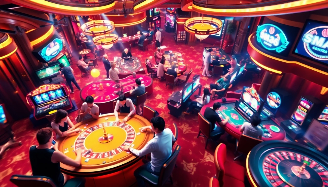 Exciting gaming scene at Trang chủ NK88, featuring players engaged in poker and slots.