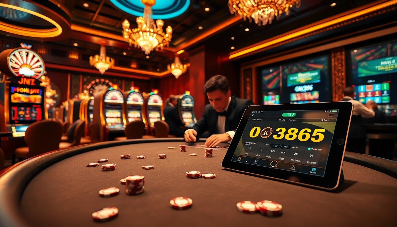 Experience high-stakes excitement at OK365 with engaging poker action and luxurious casino decor.