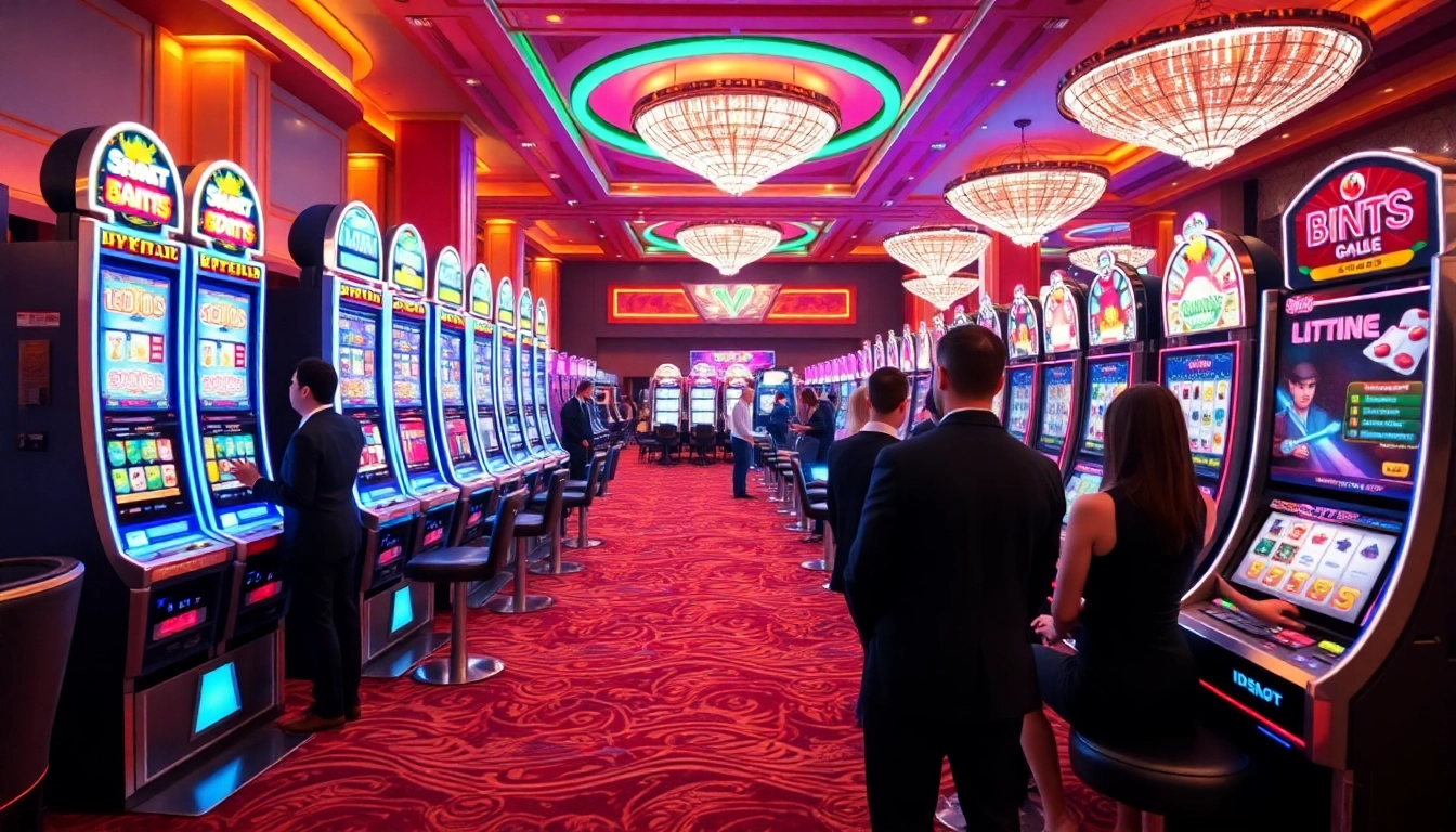 Players enjoying idnslot in a luxurious casino atmosphere featuring vibrant slot machines.
