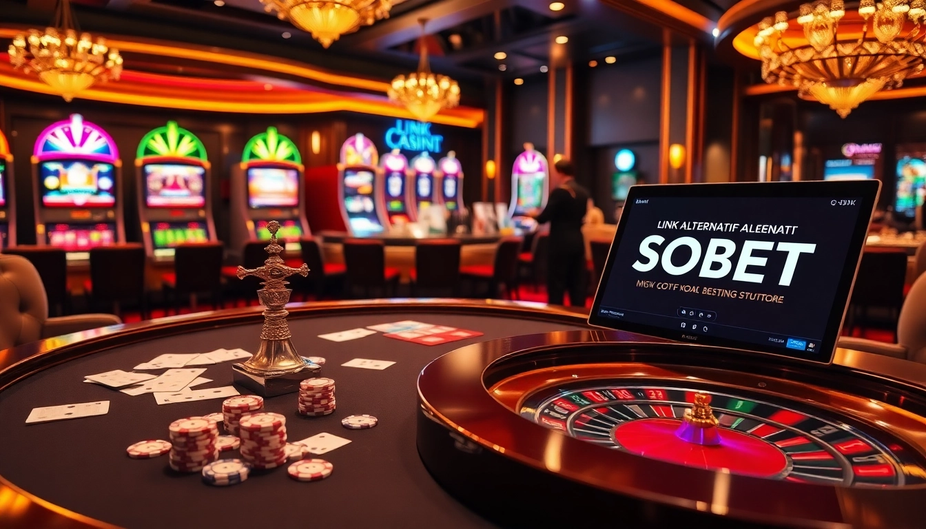 Gambling scene showcasing llink alternatif sbobet on a laptop beside a casino table with poker chips and cards.