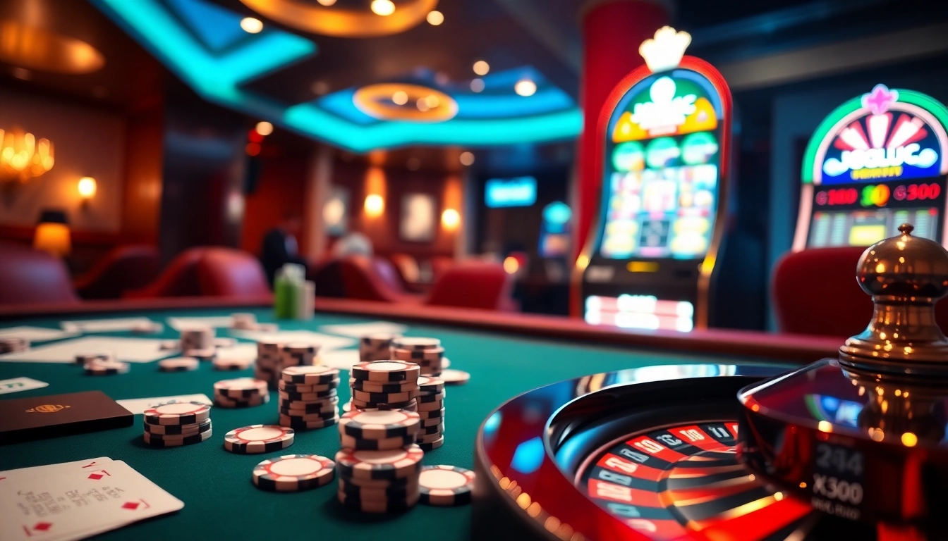 Exciting gambling scene at Jogoluck casino with poker chips, roulette wheel, and vibrant slot machines.