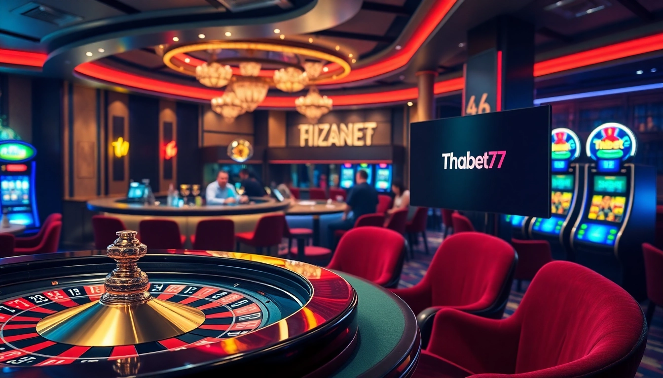 Experience the thrill of gambling at Thabet77 with a vibrant casino scene featuring roulette and poker tables.