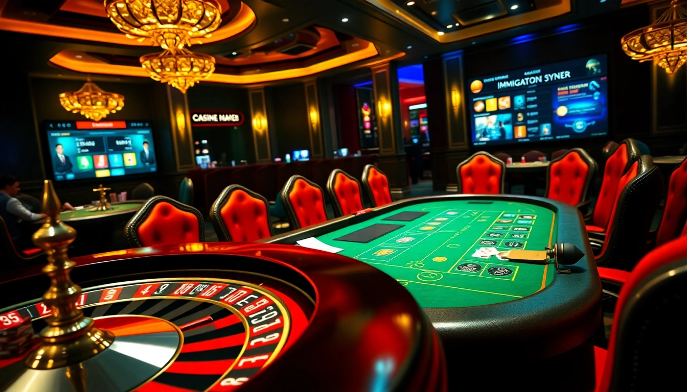 Gambling scene featuring an immigration lawyer Sydney in a vibrant casino setting with poker and roulette.