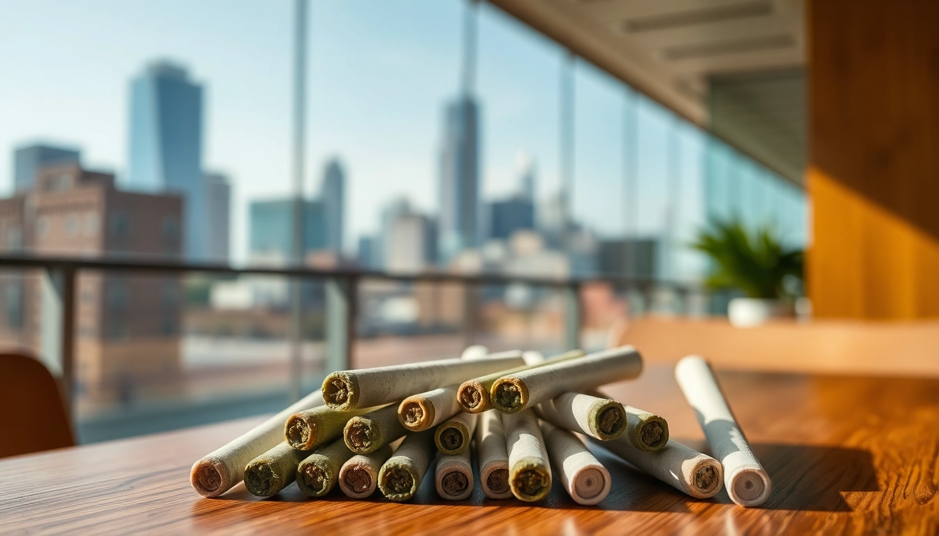 THCA prerolls showcased elegantly on a wooden table surrounded by a relaxed urban atmosphere.