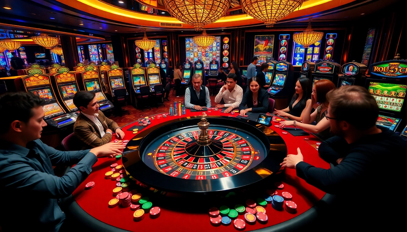 Action-packed scene at RR88 casino with roulette, poker chips, and excited players.
