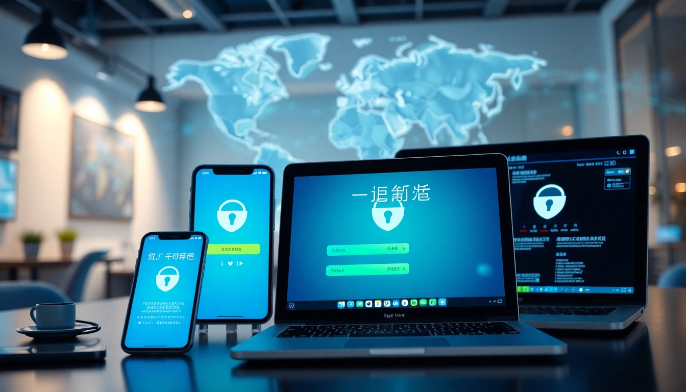 快连下载 app interface displayed on multiple devices, showcasing connectivity and security.