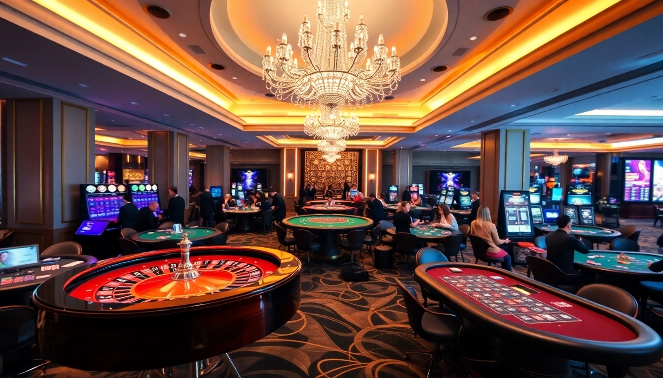 Experience thrilling gameplay with Daftar Modal138 at an upscale casino, showcasing roulette and blackjack tables.