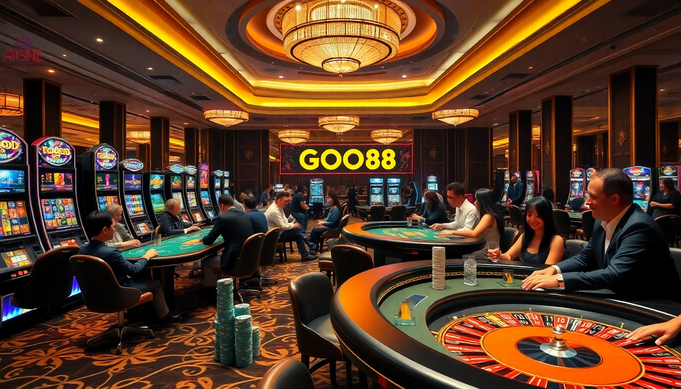 Players enjoying a thrilling game at GOOD88 casino, surrounded by vibrant tables and slot machines.