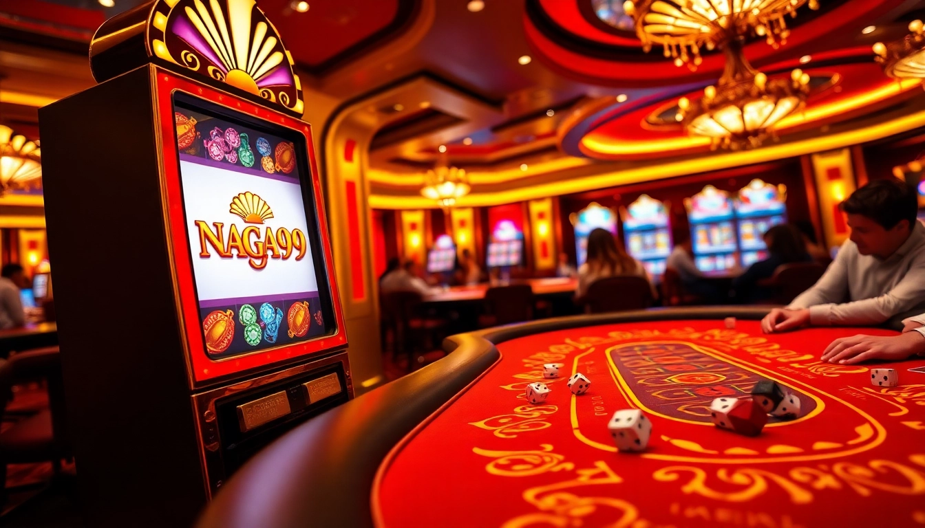 Naga99 slot machine with vibrant poker chips and dice at a luxurious casino table