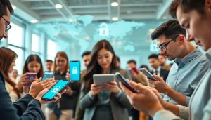 快连下载 app showcased in a modern office environment with diverse users accessing global internet.