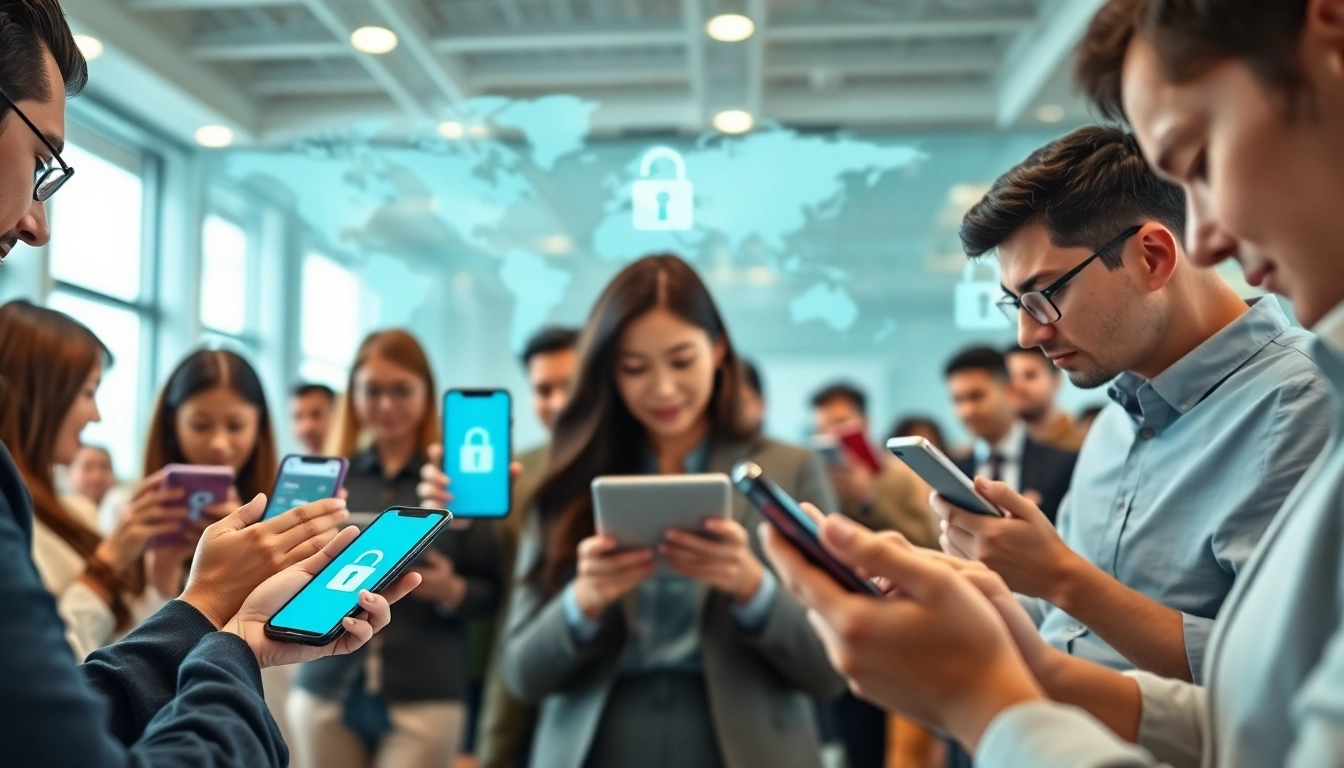 快连下载 app showcased in a modern office environment with diverse users accessing global internet.