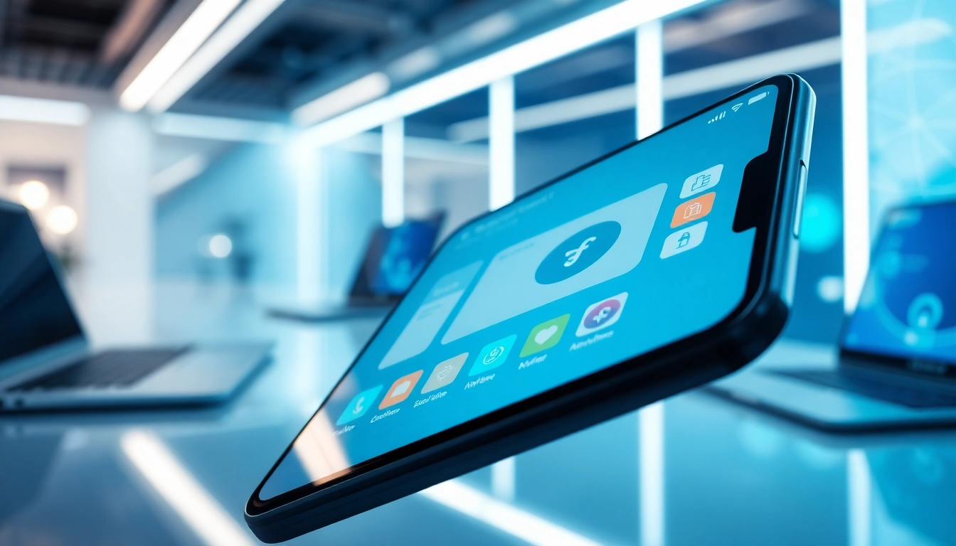 快连下载 mobile app interface on a smartphone in a modern workspace.