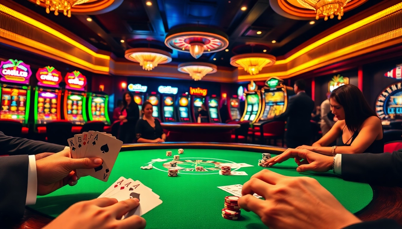 Gambling at the b52club, players strategize around poker chips and cards in a vibrant casino scene.