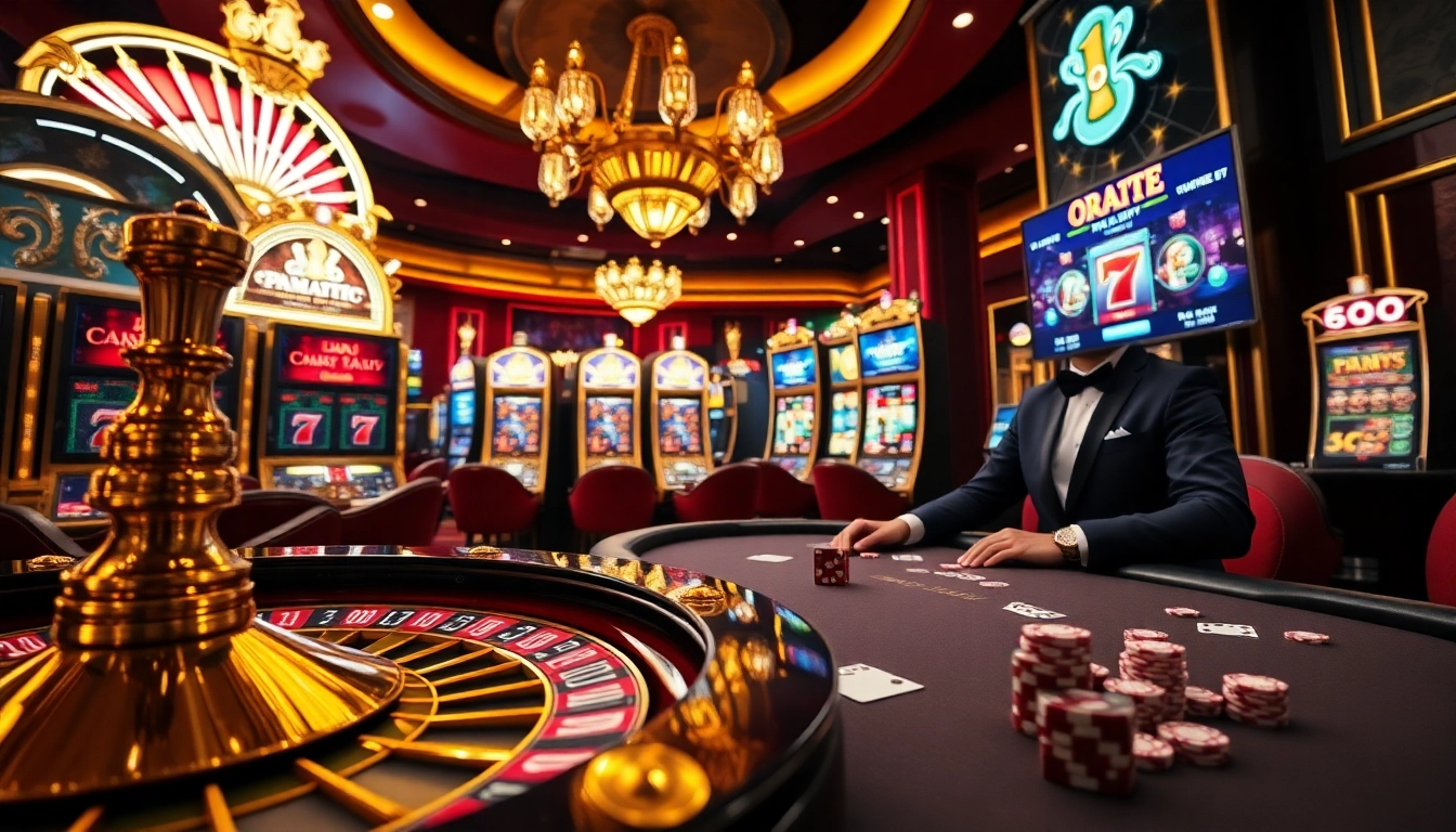 Experience the thrill of demo slot pragmatic with vibrant slot machines and casino tables in action.