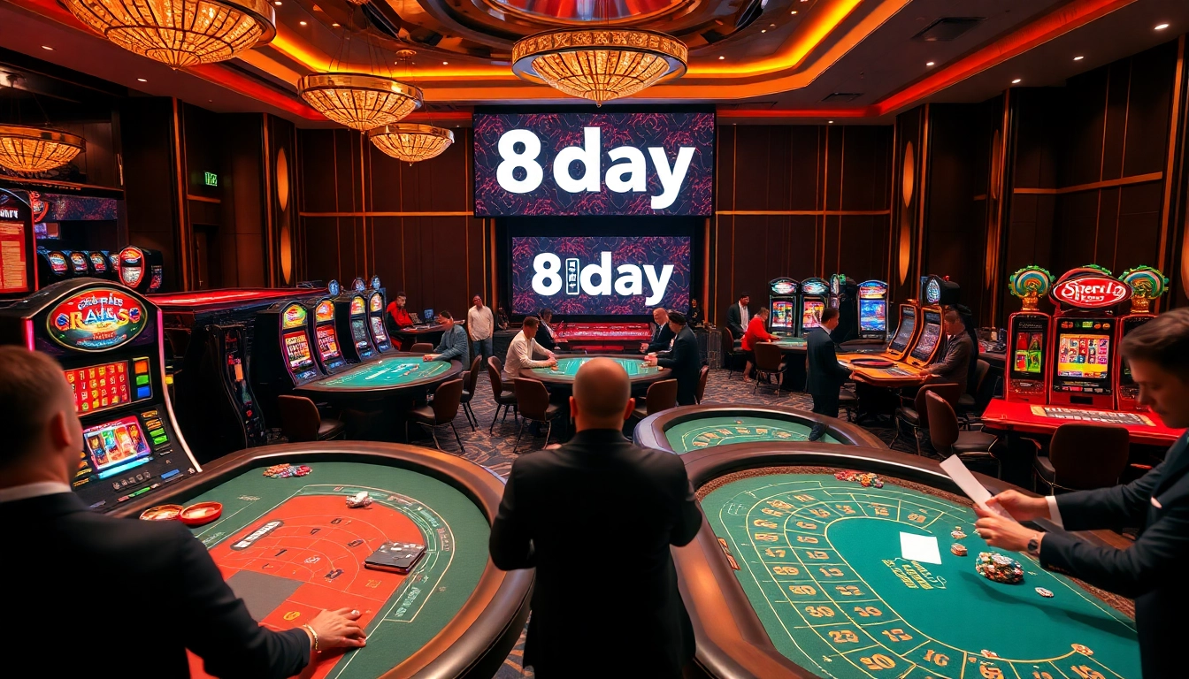 Players enjoying a vibrant casino ambiance at 8day with exciting gaming tables and slot machines.