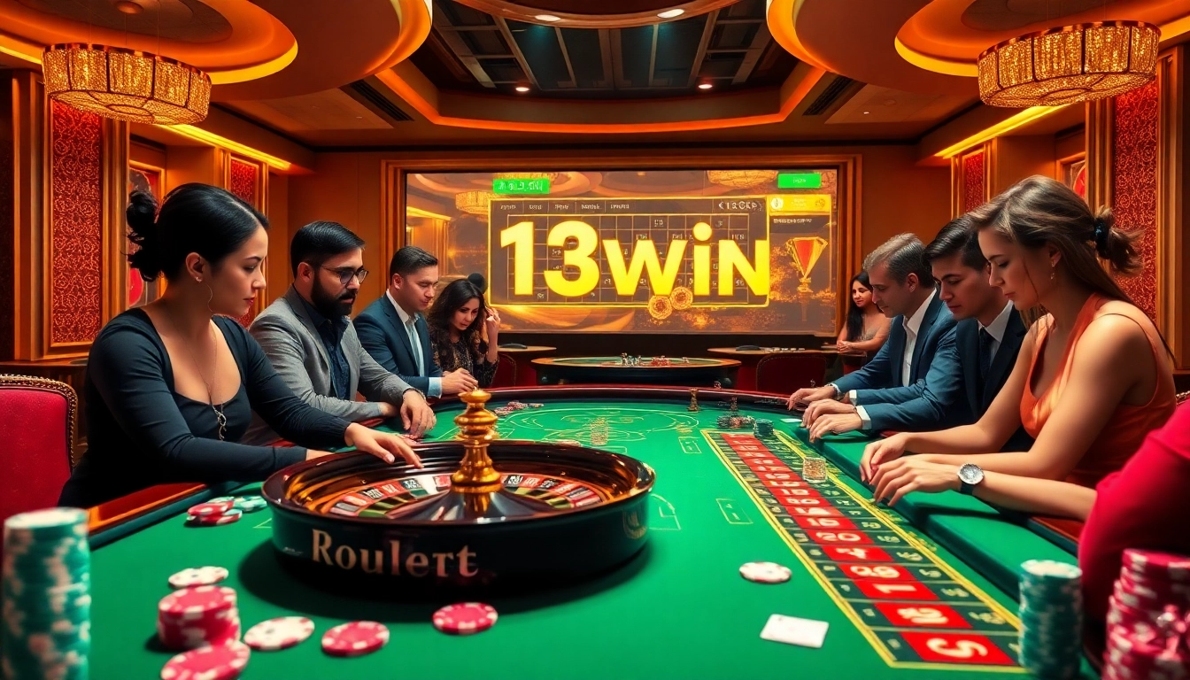 Experience the thrill of winning at https://13win.reviews/, with players eagerly engaging at a vibrant casino table.