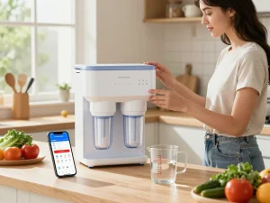 Woman examining Waterdrop LT1000PC ADQ747935 MDJ64844601 Refrigerator Water Filter in a bright kitchen with fresh ingredients.