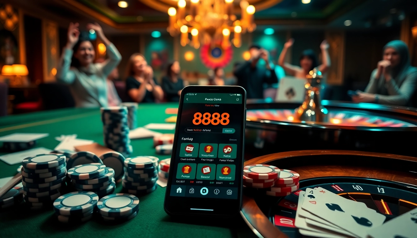 Experience the 888vnd app interface in a luxurious casino setting with poker chips and roulette.