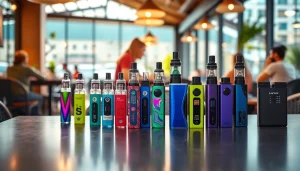 Engaging display of colorful disposable vapes on a modern table in a lively café setting.