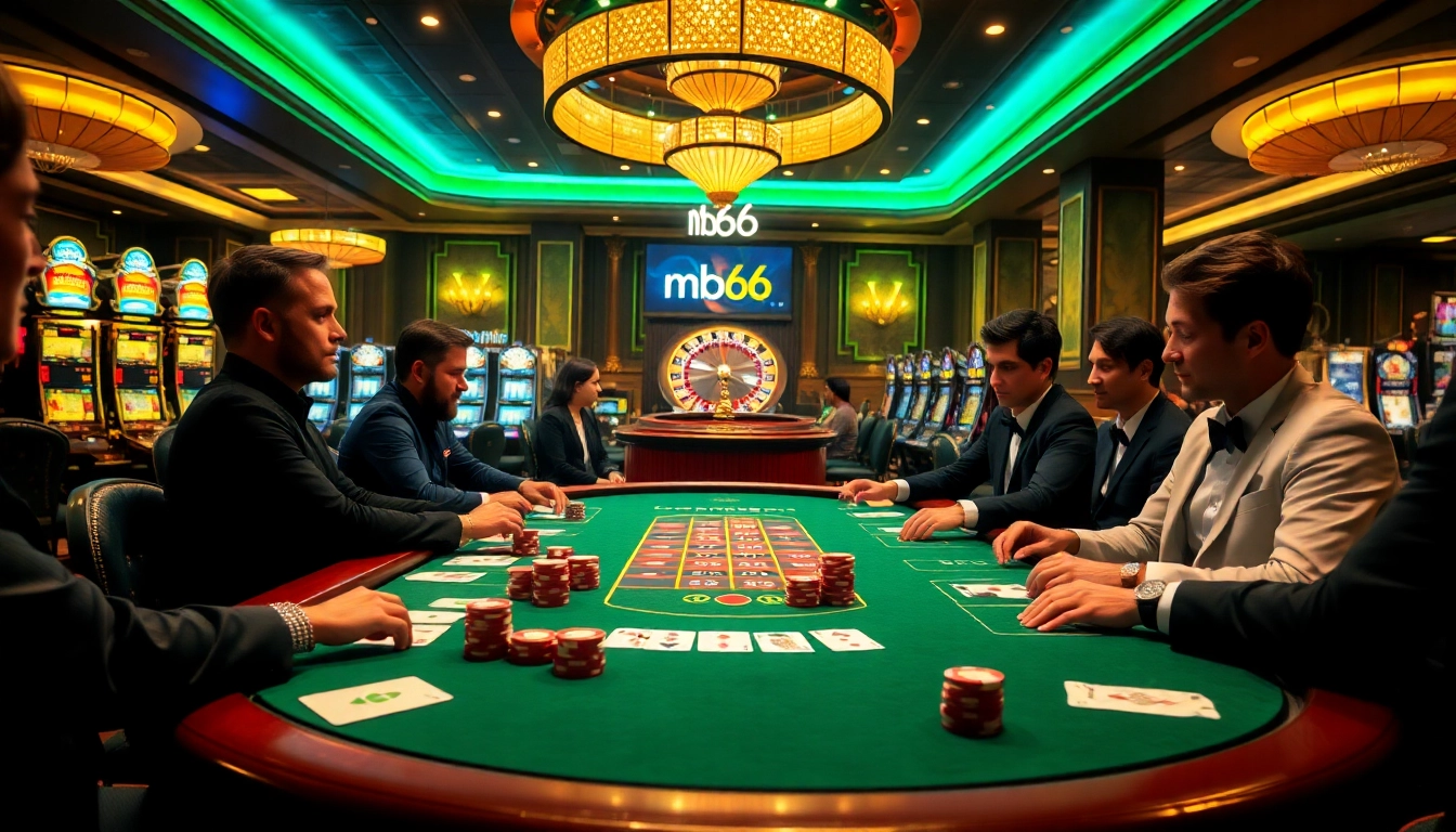 Experience a thrilling game at MB66 casino with poker tables and vibrant slot machines.