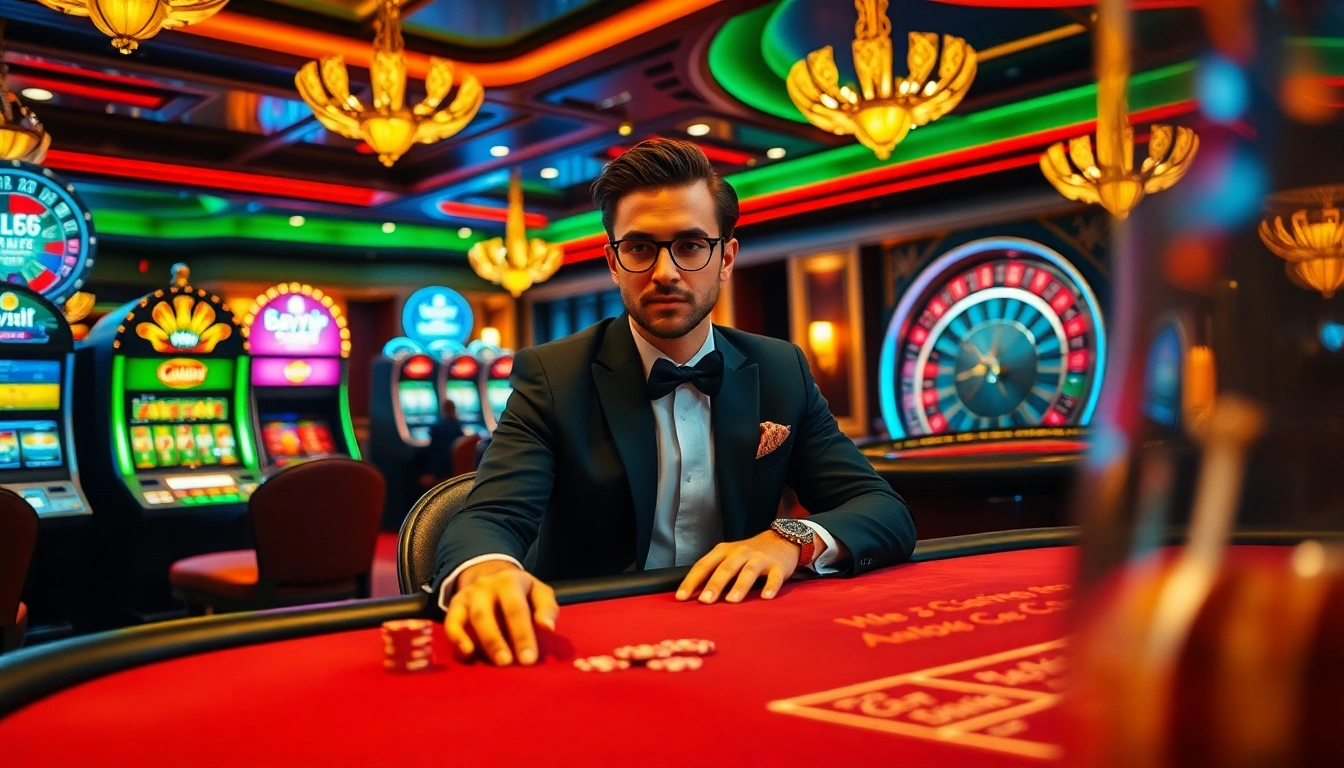 Bayvip player enjoying the thrill at a luxurious poker table in a vibrant casino.