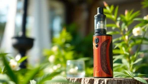 Showcasing a sleek cbd oil vape device in a serene setting with greenery.