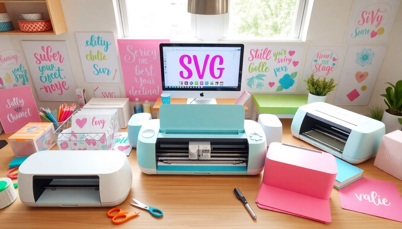 Cricut SVG crafting workspace with machines, colorful designs, and crafting tools.